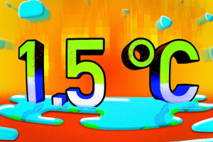 Blocky text says “1.5 °C,” and the number is sitting in a puddle of water. Fire emanates from the number against a red and orange background. Water droplets shoot out toward the viewer.