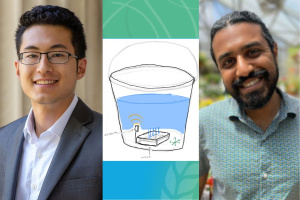 Headshot of Jon Bessette on the left with a drawing of the water bucket with sensor in the middle and Gokul Sampath headshot on the right