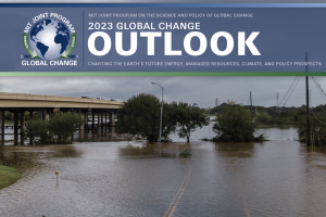Banner with MIT Joint Program on the Science and Policy for Global Change logo over flooded infrastructure, title "2023 Global Change Outlook"