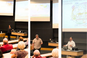 A collage of three photos of Gabriella Carolini,  Rajeev Ram, and Greg Sixt each presenting in front of a screen