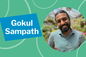 Gokul Sampath in a circular photo on the right with a green background and the words Gokul Sampath on the left