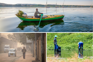 Collage of 3 photos: a man rowing a boat across a body of water, farmers bending down to work in rice paddies, and a man walking along an urban street obscured by pollution haze.