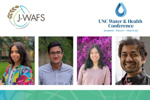 J-WAFS and UNC Water & Health Conference logos above headshots of the four UNC Travel Grant recipients (from left to right: Anushka Shahdadpuri, Barathkumar Baskaran, Catherine Lu, and Devashish Gokhale)