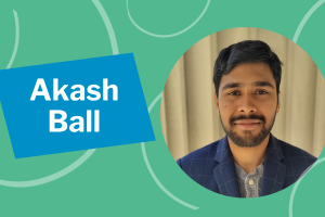 Akash Ball in a circular photo on the right with a green background and the words 'Akash Ball' on the left.