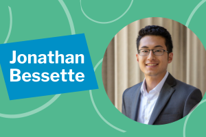 Jonathan Bessette in a circular photo on the right with a green background and the words 'Jonathan Bessette' on the left