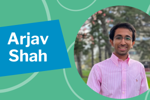 Arjav Shah in a circular photo on the right with a green background and the words 'Arjav Shah' on the left