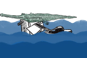 Line drawing with watercolor of a crocodile with its eyes closed floating with a radio, a book, and a shoe. 