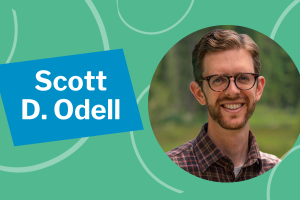 Scott D. Odell in a circular photo on the right with a green background and the words 'Scott D. Odell' on the left