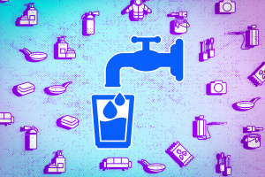 An illustration featuring a central blue tap with a water droplet falling into a glass, surrounded by various household items, emphasizing the detection of contaminants in water.