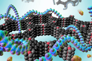 To create their detector, the team used a material called a metal-organic framework, or MOF (pictured as the black lattice), which is highly sensitive to tiny traces of gas but whose performance quickly degrades. They combined the MOF with a polymer material, shown as the teal translucent strands, that is highly durable but much less sensitive.