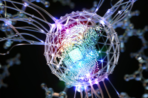 The circle with the chip symbolizes SpectroGen, with the connecting threads depicting the process of generating a material’s spectrum.