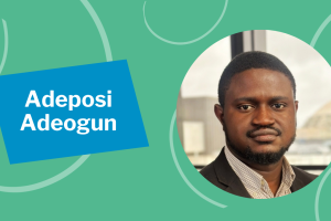 Adeposi in a circle headshot photo on the right with a green background
