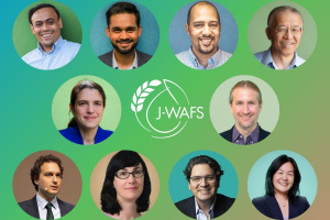 A graphic with J-WAFS blues and greens, the J-WAFS logo in the middle in white, and 10 circular photos of MIT faculty