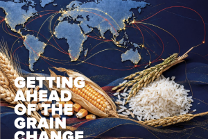 "getting ahead of the grain change" article title, with continents and grain graphic in background