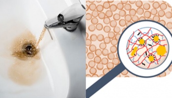 Left side depicts dirty, brown water coming form sink faucet and right side is cartoon depiction of microscope looking at organic micropollutants