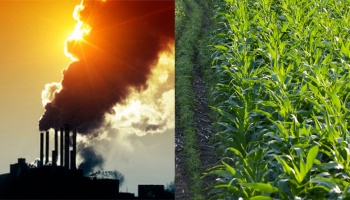 Left side depicts pollution from factory smoke stacks and the right side depicts crops in a field