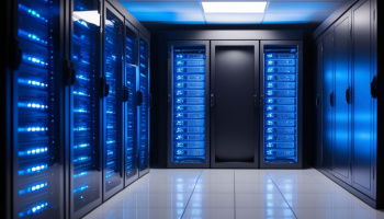 Inside of a data center with racks of servers glowing blue inside of large black cases