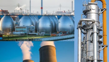 three image collage of a desalination plant, a distillation tower, and a thermal distillation smoke stack 