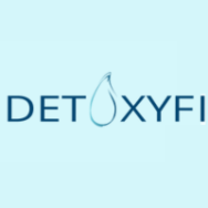 the Detoxyfi logo spelled out against a blue backdrop with a water droplet for the "o"