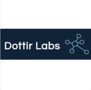 Dottir Labs logo with the name spelled out on a dark blue background and a drawing of something you might see under a microscope like bacteria with lines and circles