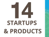 The image says 14 startups & products in large brown letters against a white background with a blue/green border on the right