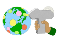 A drawing of the earth, which is being covered in brightly colored stickers from a pricing gun.