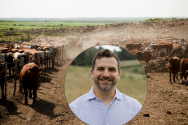 A graphic featuring an industrial cow pasture and a circular headshot of Greg Sixt in the center