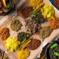 Colorful Ethiopian food laid out on a flatbread