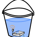 Cartoon drawing of a bucket that is translucent with water and a sensor inside