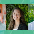 Three portraits of three individuals side-by-side with a blue/green background