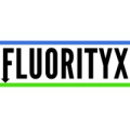The Fluorityx logo with the word spelled out in black on a white background with a blue line above and a green line below